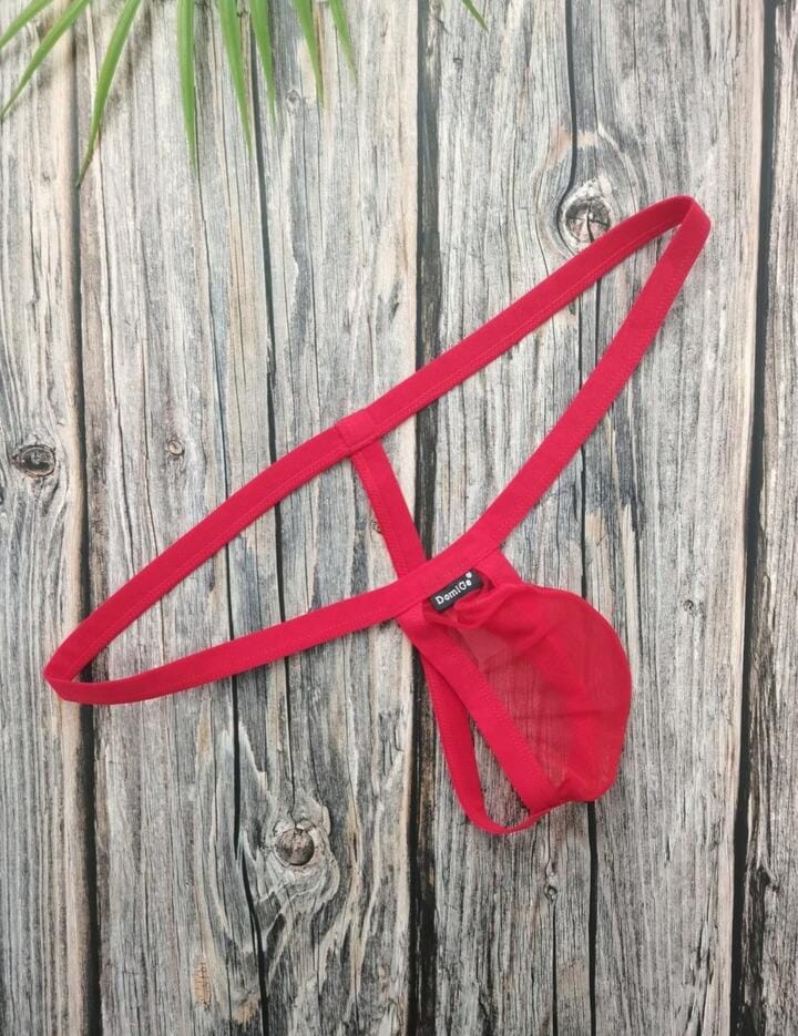 Men's Lingerie White & Red Elastic Mesh Thong